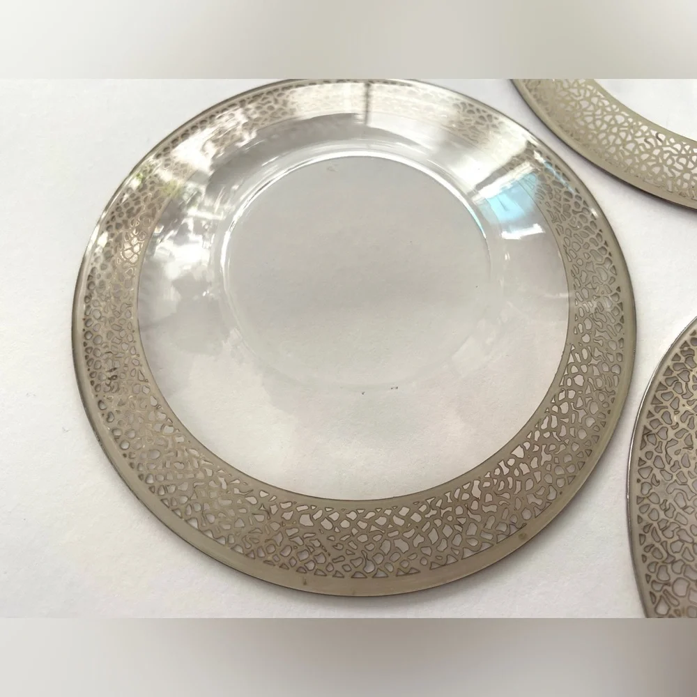Five Vintage Clear Glass Sterling Silver Lace Overlay Bread Plates